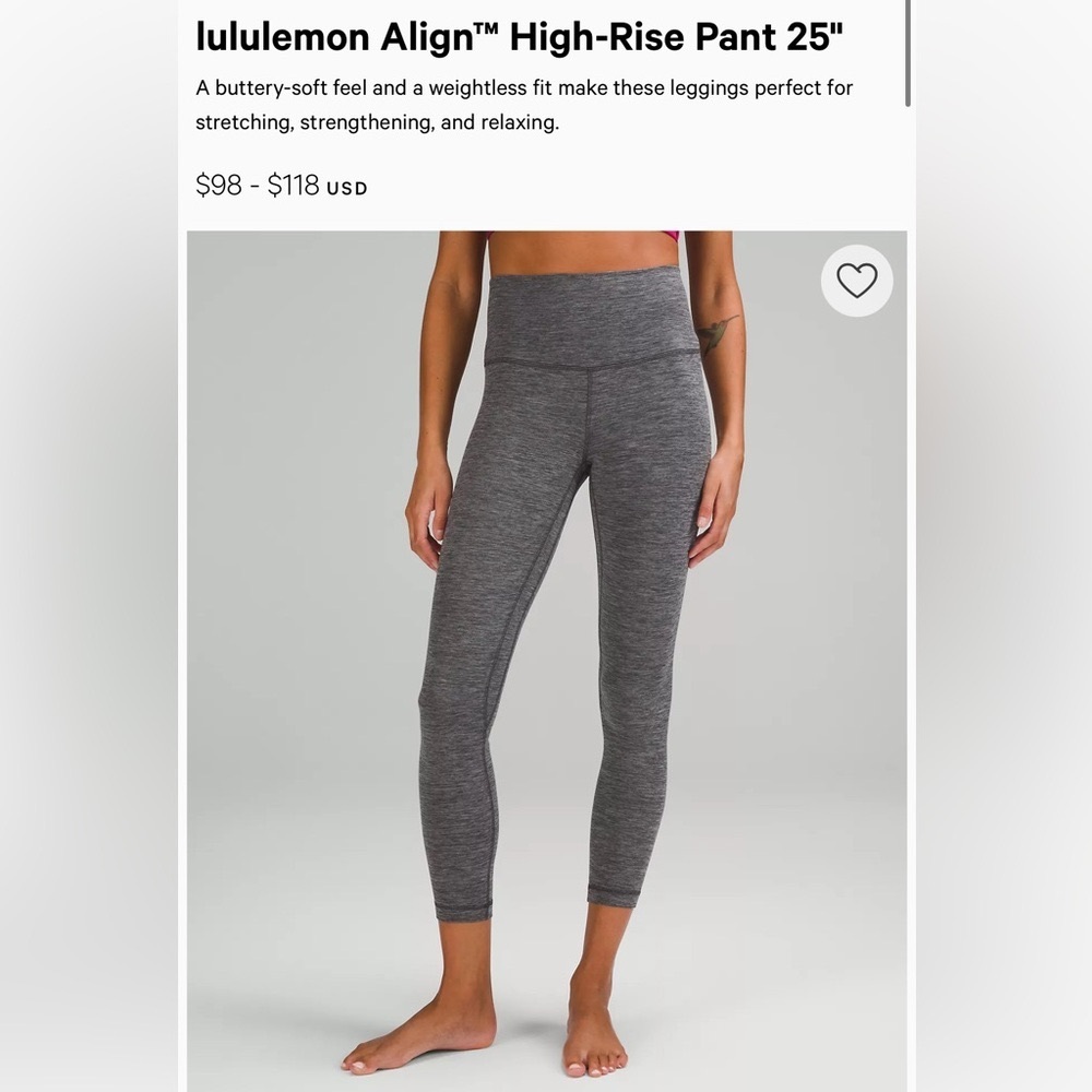 Lulu align leggings size 2 Excellent condition black heather 25” length